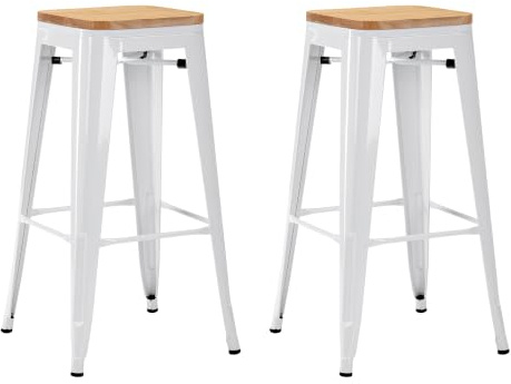 Duhome Barhocker Eisen Barstühle 2er Set, Sitzhöhe 76cm Tresenhocker, Stapelbar Metall Bistrohocker mit Fußstütze, Stizfläche aus Holz, Weiß+Naturholz