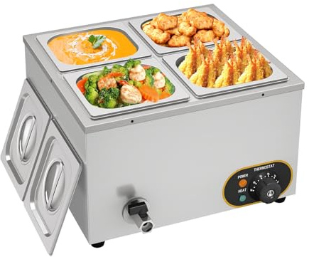 Bain Marie, Réchaud électrique 1500 W en acier inoxydable avec contrôle de la température avec couvercles, robinet de vidange, 4 conteneurs GN 1/6 x 150 mm x 4