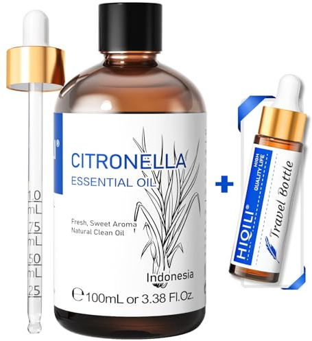 HIQILI Citronella Oil for Homemade Sprays & Diffuser | With 10ml Travel Bottle, Dilute with Carrier Oil for Skin, Ideal for Candle & Soap Making - 100mL / 3.38 fl oz