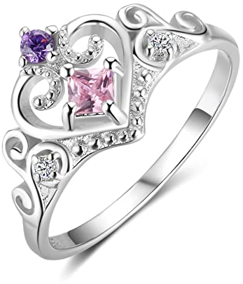 Bellitia Jewelry 925 Sterling Silber Krone Kronenring Crown Queen Gebürstet Elegant Ring mit Herz Design, Rosa Zirkonia Ehering Verlobungs Schumuck Set