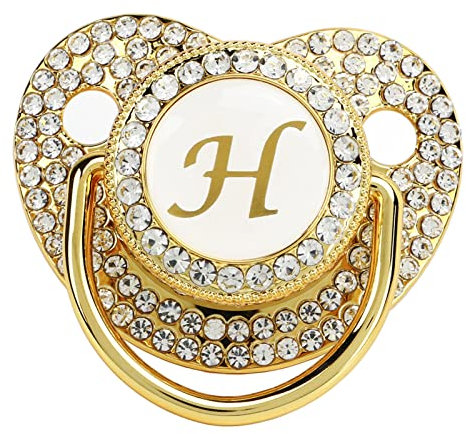Goldener Baby-Schnuller, Personalisiertes Schnuller Schnullerclip, Schnuller mit 26 Buchstaben von A Bis Z Staubschutz für Neugeborene, Silikon-Säuglingsnippel, für 6 Bis 18 Monate (Buchstabe H)