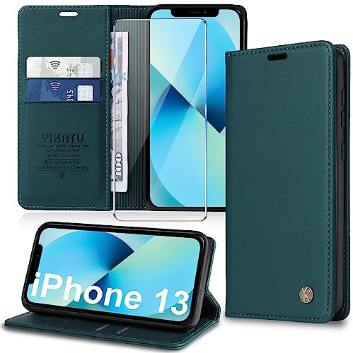 Migexxkj Handyhülle für iPhone 13 Hülle [mit Schutzfolie][Premium PU Leder] Klapphülle Ständer Kartenfach Magnetic Flip Case Cover Etui Tasche Schutzhülle für iPhone 13 6.1“