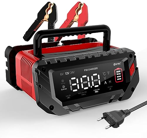 Haisito Car Battery Charger 6V 12V 24V 30 A, Intelligent Fast Battery Charger Car Motorcycle Trickle Charger Desulfator for Lithium LiFePO4 Lead Acid Batteries (AGM, Gel, EFB, SLA, VRLA)