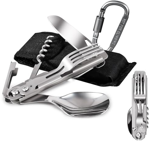 ZIMAIC Camping Cutlery, 5 in 1 Cutlery Set Multitool Portable Stainless Steel Spoon, Fork, Knife & Bottle Opener Combo Set, Outdoor Detachable Tableware Utensil-Travel, Backpacking