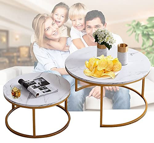 Lot de 2 Tables Basses gigognes Rondes Modernes en MDF Imitation marbre avec Cadre en Arc Artisanal de Couleur dorée, Cadre en Acier élargi Extensible, pour Salon, Bureau, Balcon