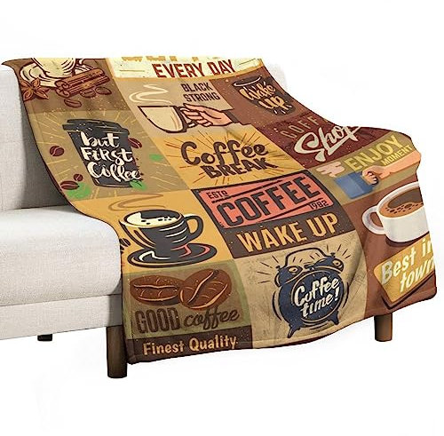 Kaffeemotiv Vintage Decke Bohnentasse Kaffee Poster Schilder Design Warm Cozy Fleece Plüsch Überwurf Decke für Stuhl Couch Bett Sofa Reise Doppelseitiges Büro 101,6 x 127 cm