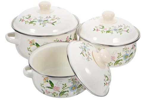 DECHOUS 3 Stück Emaille-Suppentopf Mit Deckel Retro-Kochtopf Vintage-Blumentopf Bohnentopf Mit Griff Küche Suppentopf Auflaufform Für Induktionsherde Gasherd