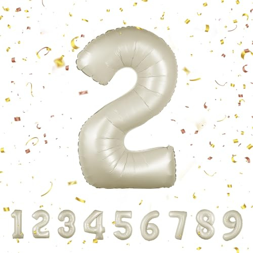 Partyhausy Ballon Numéro 2 Beige, 40'' - 102cm Géante Hélium Ballons Gonflables XXL, Ballon numéro Décoration d'anniversaire S'envole avec de l'hélium