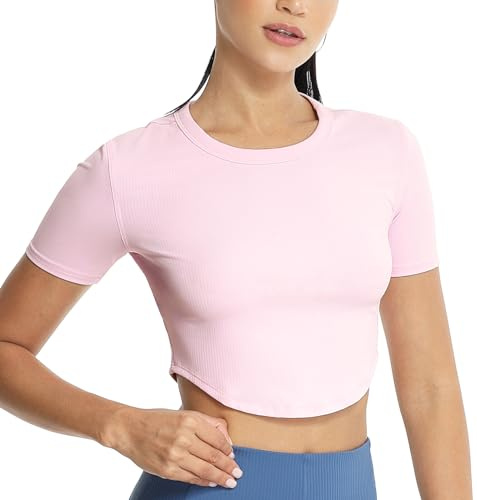 icyzone Maglietta sportiva da donna a coste, slim fit, yoga, cropped, estiva, casual, elasticizzata, a maniche corte, Rosa chiaro, S