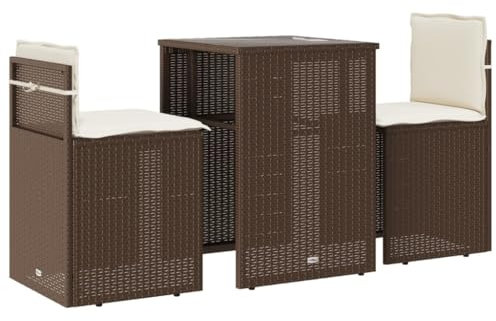 vidaXL Bistro Set 3-TLG., Balkonset mit Kissen, Sitzgruppe für Garten Terrasse Balkon, Gartenmöbel Gartengarnitur, Braun Poly Rattan