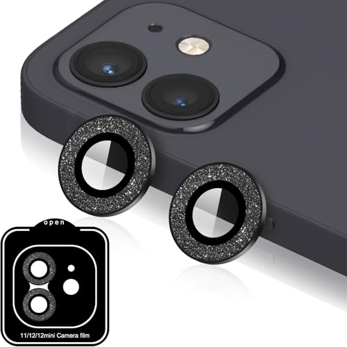 Beukei Kameraschutz Glitzer für iPhone 11/12/12 Mini, Kamera Linse Schutzfolie mit Positionierhilfe [Anti-Kratz][9H Gehärtetes] Camera Lens Protector, Glitter Schwarz