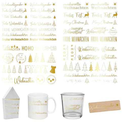 FloraVigo Rub On Sticker ca.A5 19x14cm-Abwischbare Folie für Weihnachtsdekoration, Keraflott, Zuhause, Möbel, Glas, Holz, Fotoalbum, DIY-Dekoration, Aufkleberästhetik(4PCS) (FROHE WEIHNACHTEN)