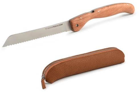 ROCK FOXX. COM FOXXKNIFE Klappbares Brotmesser mit 18,5 cm, rostfrei, Oliven- oder Padaukholzgriff. mit praktischer Messertasche Lasergravur auf Wunsch möglich! (Olivenholz, Ledertasche, mit Gravur)