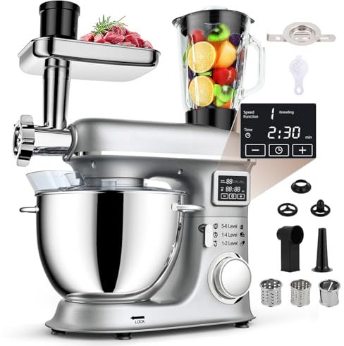 Stand Mixer with LED Display - Electric Kitchen Mixer with Stainless Steel Bowl, Glass Jar, Meat Grinder, Dough Hook, Whisk, Pasta Attachment - Speed Tilt-Head -