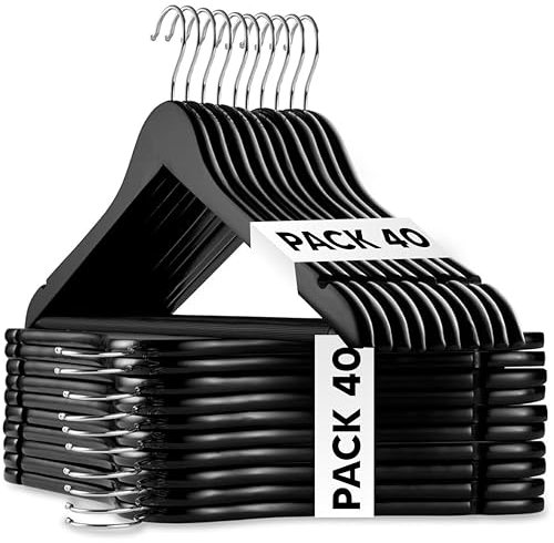 Mundo Home 40X Perchas Madera Negra Maciza para Ropa - Perchas de Madera con Gancho Giratorio 360º - Perchas para Pantalones, Camisa, Traje, Vestidos - Colgadores de Ropa Antideslizante para Hogar