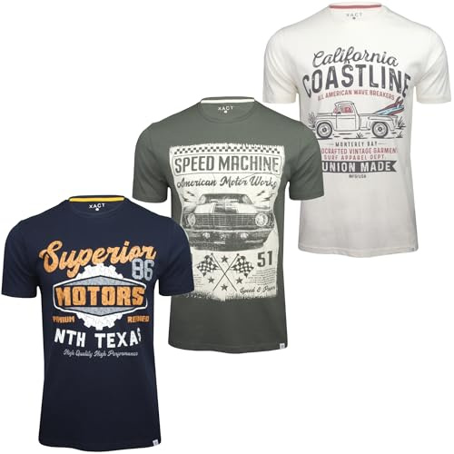 Xact Men's 3-Pack Printed Crew Neck T-Shirt, 100% Cotton, Short Sleeve (3-Pack - Motors - Mrshml/Gunmetal/Navy) M