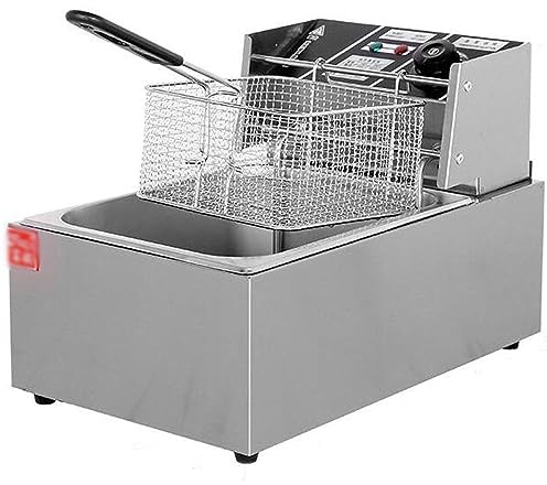 MJMLUCK Friggitrice Commerciale con cestello e Coperchio, 6L/6,3QT in Acciaio Inox, Temperatura Regolabile per Uso Domestico in ristoranti, 2500W, Vasca Singola, da banco.