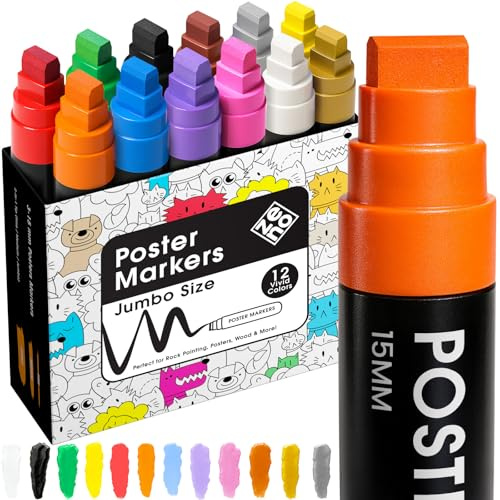 ZENO Jumbo Acrylmarker – 12 Farben, 3-in-1 Chisel-Spitze (15 mm), Wasserfeste Graffiti Marker für Kinder & Künstler, Dicke Acrylstifte für Poster, Holz, Stoff, Glas, Stein & DIY