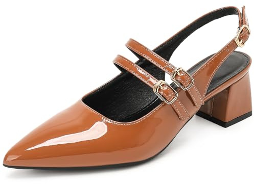 Lackläderpumps med dubbelstängning, spetskno, blockklack 5 cm, halkfri sula, i karamell, Karamell, 45 EU