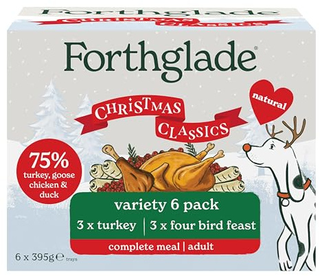 Forthglade Christmas Wet Dog Food, Turkey & Four Bird Feast, 6 x 395g Trays | Natural, Hypoallergenic, Grain Free, Complete Meal, 75% Turkey, Goose, Chicken & Duck, Suitable for Sensitive Tummy, 1 Year+
