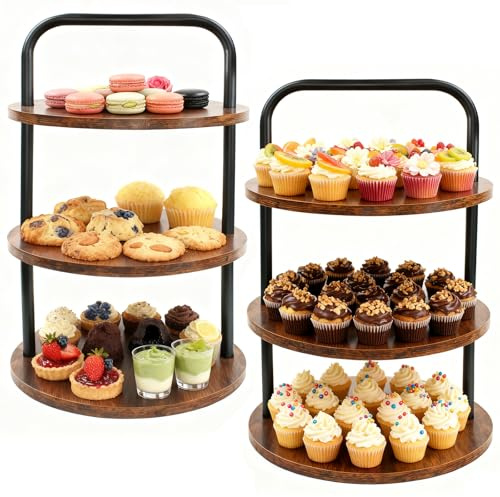 2PCS Wooden Cupcake Stand for 100 Cupcakes - 3-Tier Large Round Dessert Table Display Set with Cupcake Tower, Tiered Tray,Cake Tray and Serving Tray for Wedding, Party, Anniversary, Farmhouse Decor