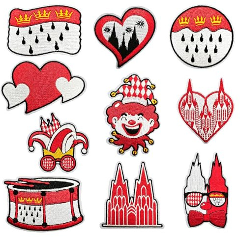 LIULINY 10 PCS Kölner Karneval Rot Weiß Bügelflicken, Flicken zum Aufbügeln | DIY Flicken zum Aufbügeln Kinder, Annähen Oder Aufbügelns bügelflicken, Patches für Jacken, Jeans, Rucksäcke und Mützen