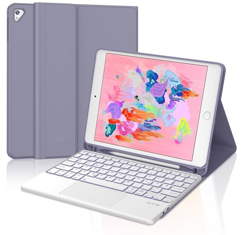 JADEMALL Hülle mit Tastatur für iPad 9.7, QWERTZ Tastatur mit 7-Farben-Beleuchtung und Trackpad – Kompatibel mit iPad 6. Generation A1822 & Air 2/1 A1566, Bluetooth, Case, Lavendel