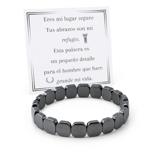 MOMENTUM Pulsera hombre - pulsera de fuerza hematita - Regalos originales para hombre - Ideal cumpleaños, Navidad y San valentín - Elástica y cómoda