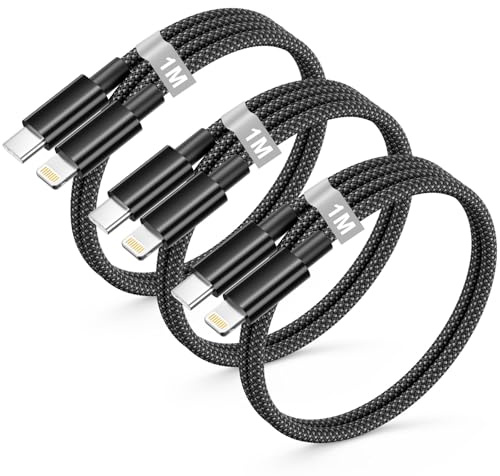 Cable iPhone Carga Rapida 1M 3Pack,[Certificado MFi] Cable Lightning USB C Trenzado Nailon Negro Cabo iPhone cable Cargador Tipo C Lightning Carga Rapida para iphone 14 13 12 11 XS X 8 7 SE,iPad