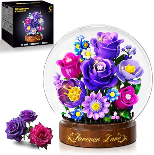 HiWEEGO Flower Building Set with LED Light & Dust Cover 418PCS | 3.6MM Mini Purple Rose Building Blocks Kit, Botanical Collection Toy Birthday Gift for Her Adult Women Grilfriend Home Decor