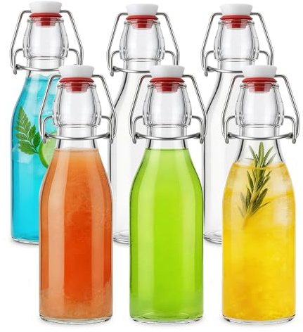 Bayseun 6 Pack Glass Swing Top Bottles 250ml - Airtight Home Brewing Bottles, Leak Proof Clear Glass Storage with Stainless Steel Cap for Kombucha Beer Oil Vinegar