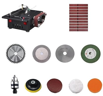 Belt Sander, Mini Multifunctional Table Saw Electric Cutting Machine Woodworking Model Chainsaw Desktop Miniature Belt Sander Grinding Tool(Set Meal 9)