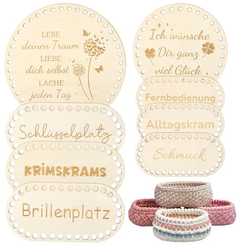 Holzboden für Häkelkorb, 8 Stück, 2 Runde und 6 Ovale, 15-20cm | Korbboden zum Häkeln, für DIY Häkelkorb, Aufbewahrungskörbe, Geschenk, Heimdekoration