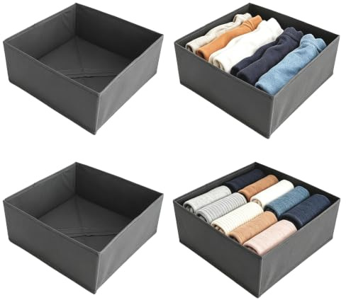 JYYWTSI 4 Stück Schubladen Organizer, Kleiderschrank Organizer Stoff Aufbewahrungsboxen Faltbar, Ordnungssystem für Unterwäsche Socken Kleidung Regal Kommode und Schrank 28 x 28 x 12 cm Grau
