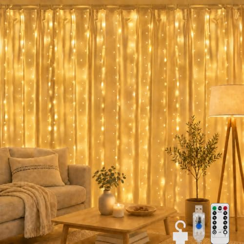 ZingBox LED Lichtervorhang 3x3m 300 LEDs Warmweiß USB mit Fernbedienung | Wasserdicht Lichterkette 8 Modi für Innen Schlafzimmer Wand Kinderzimmer Deko Weihnachten Hochzeit Party Gemütlich Ramadan