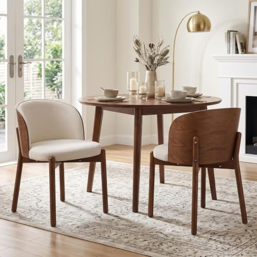 Sweiko Chaise Salle à Manger en Lot de 2 en Tissu avec Pieds en Bois, Noyer | Chaise Rembourrée, Dossier incurvé, Placage Frêne Naturel, Style Moderne, pour Cuisine et Salon