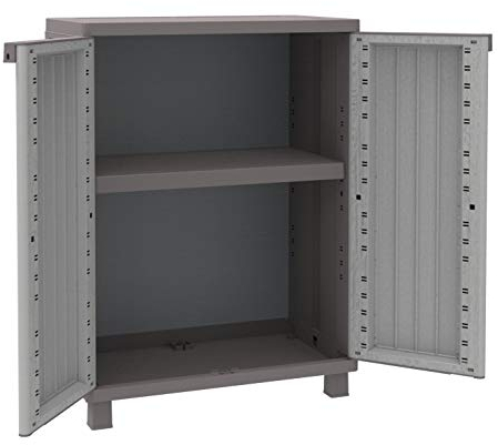 Terry, Jwood 68, Schrank mit zwei Türen in Holz-Optik, 1 bewegbarer Einlegeboden, für den Innen- und Außenbereich/Taubengrau - 68X37,5X91,5 cm