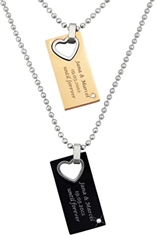 Hanessa 2 Stück Personalisierte Kette mit Gravur Edelstahl 50 cm mit Anhänger Herz Rechteck in silber schwarz gold - Personalisierte Geschenke für Damen Herren Freundin Freund - Partner Halskette