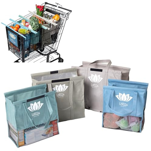 Lotus Earth Tone Trolley Reusable Shopping Bags (4-Pack) – Detachable & Reusable Grocery Bags Foldable with Insulated Grocery Bag & Egg/Wine Holder – Washable Shopping Tote to Save Time & Easy Storage