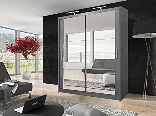 Milan Armoire moderne à double porte coulissante avec miroir Largeur 100 cm/120 cm/150 cm/180 cm/203 cm/250 cm (203 cm, gris)