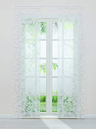 Delien Voile Schiebegardine mit Ausbrenner Ranken Muster Vorhang Flächenvorhänge Transparente Gardine mit Klettband Wohnzimmer Fensterschals inkl. Beschwerungsstange (2 Stück, je H/B: 145/57 cm),Weiß