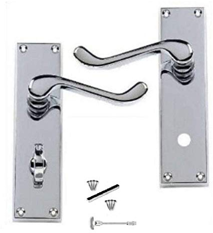 Golden Grace Victorian Scroll Bathroom Door Handles, Polished Chrome | Includes spindles, screws, and a thumbturn spindle for a rapid setup, ideal for 150x40mm metal bathroom WC configurations.