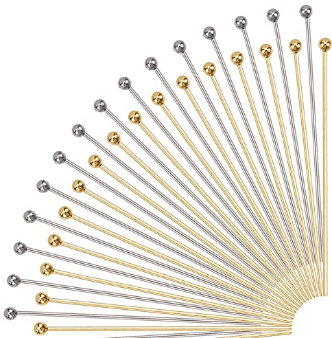 PandaHall 200 Stück 40mm Kopf Pins Schmuck Kopfnadeln Gerade Stifte 304 Edelstahl-Stift-Entdeckungen Kopfstifte Für Ohrring-Anhänger-Schmuckherstellung, Golden/Silber