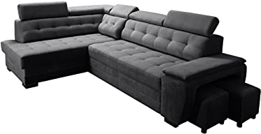 Robin Grand Ecksofa mit Schlaffunktion Bettkasten Kopfstützen Relaxfunktion 2 Hocker Sofa L-Form Schlafsofa Freistehende Eckcouch Schlafcouch Wohnzimmermöbel Wohnlandschaft Links Schwarz