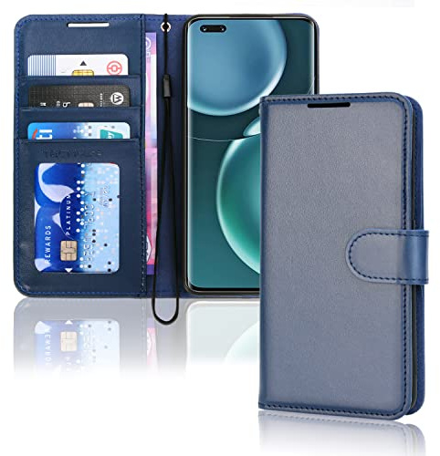TECHGEAR Leder Hülle Honor Magic 4 Pro 5G, PU Leder Flip Case Schutzhülle Ledertasche [Brieftasche] Handyhülle mit Ständer und Handschlaufe Beutel kompatibel mit Honor Magic 4 Pro 5G - Blau