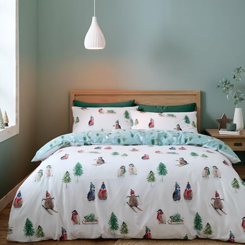 Catherine Lansfield Set copripiumino matrimoniale reversibile spazzolato con pinguino innevato bianco