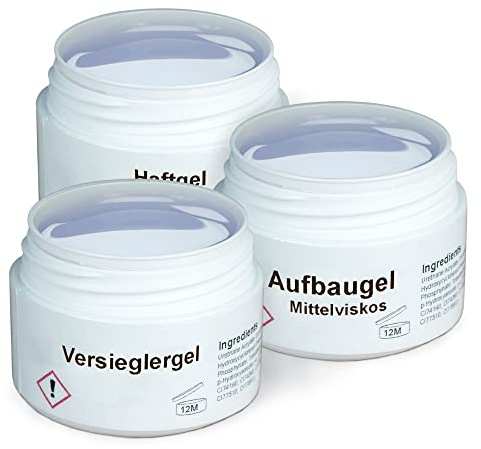 GS-Nails UV Gel-Set - 3X 15ml Nagelgel für Nail-Art & Nagel-Design - Haftgel, mittelviskoses Aufbaugel, Versiegelungsgel - 45ml