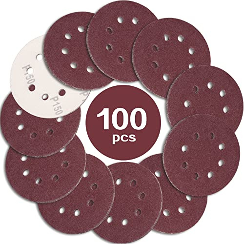 STEBRUAM 100PCS Disque de Ponçage 125mm Grain 150, Disques a Poncer Papier Abrasifs 8 Trous Idéal pour Poncer/Polir pour Ponceuse Excentrique