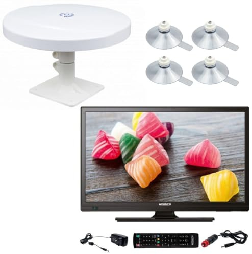 Antarion Pack TV LED 18.5 47cm Téléviseur HD 12V + Antenne TNT Camping Car + 4 Ventouses