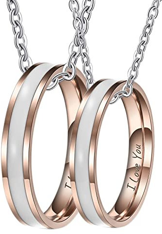 AMDXD 2Pcs Pärchen Kette Personalisiert aus Edelstahl, Weiß Emaille Gravur I Love You Partnerketten mit Wunschgravur Anhänger Ringe Rose Gold, 4MM Breite, Herrenkette 60cm, Damenkette 50cm